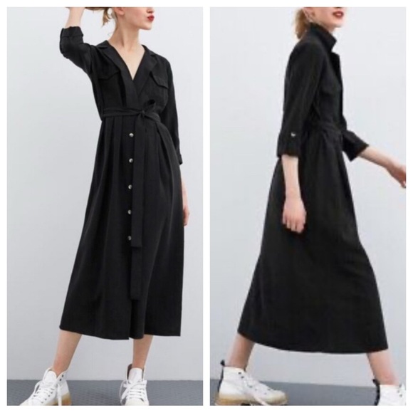 Zara Dresses & Skirts - Zara Belted button front midi Shirtdress Black 45098